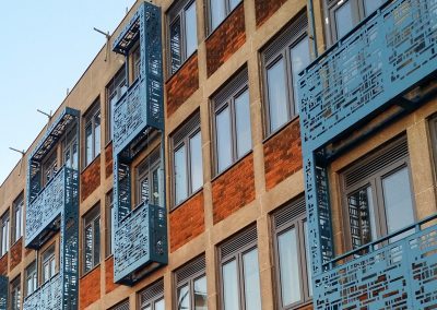 King Edward house balconies in Waltham Cross by Porfan Metalwork for Galliard Homes