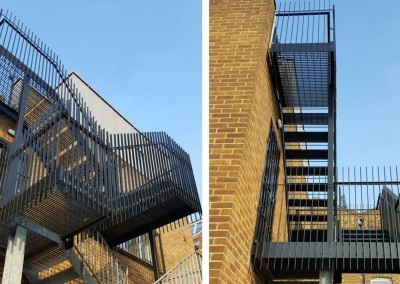 A three story fire escape made by Porfan Metalwork in Hackney